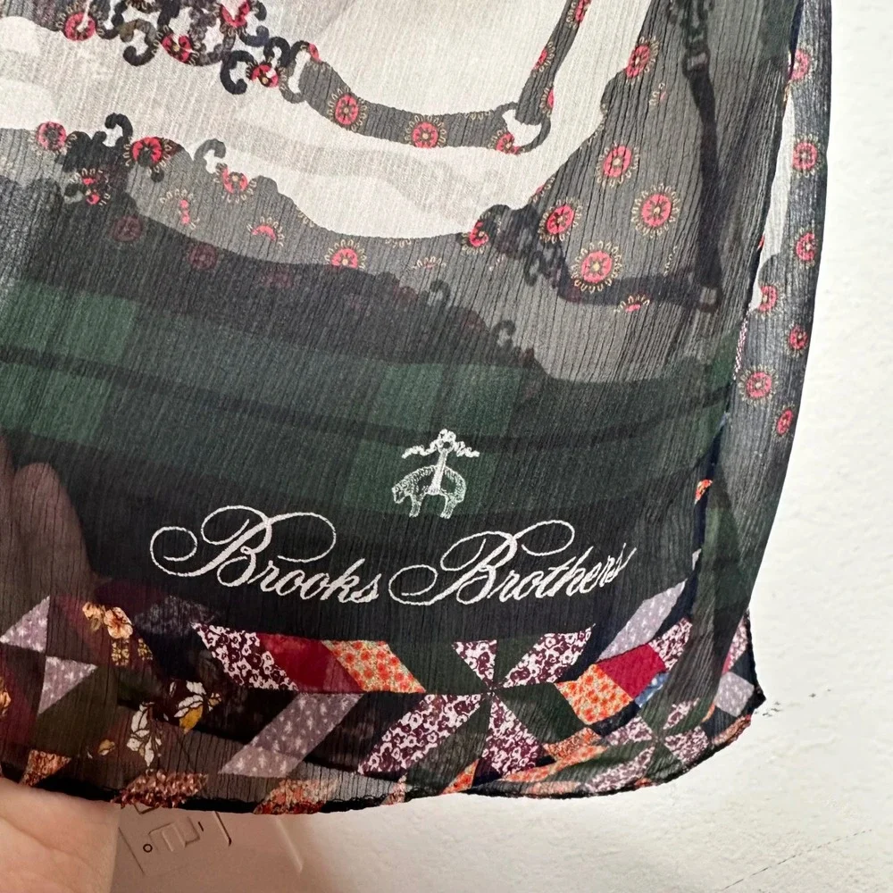 Brooks Brothers Patchwork Star Chain‎ Link Silk Scarf Black Cream Sheer Wrap